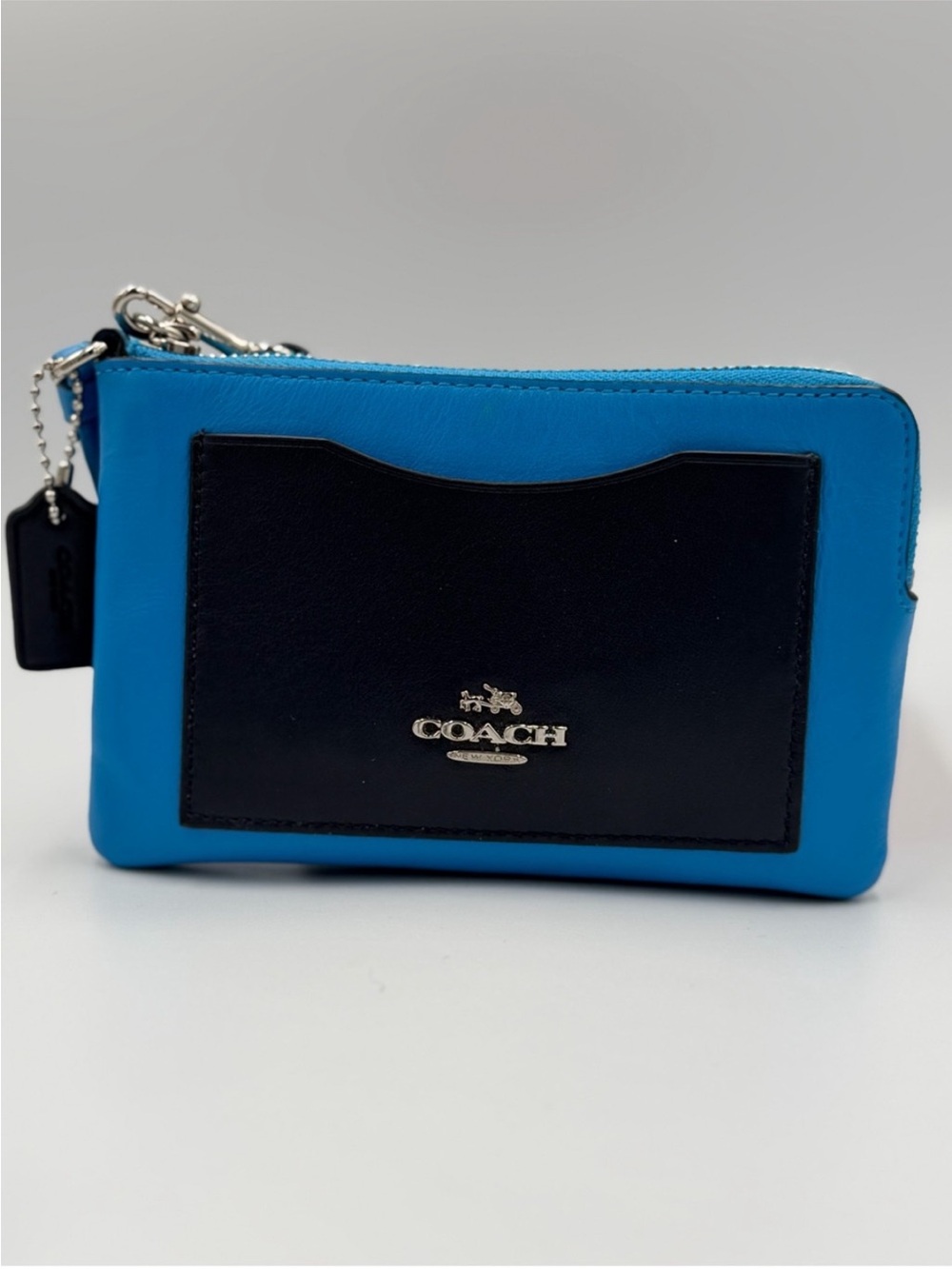 Coach Bright Blue Leather Azure Colorblock Zip Small Wristlet Wallet